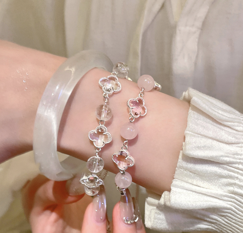 Dainty Crystal Four Leaf Clover Charm Bracelet | Silver-Tone Lucky Jewelry