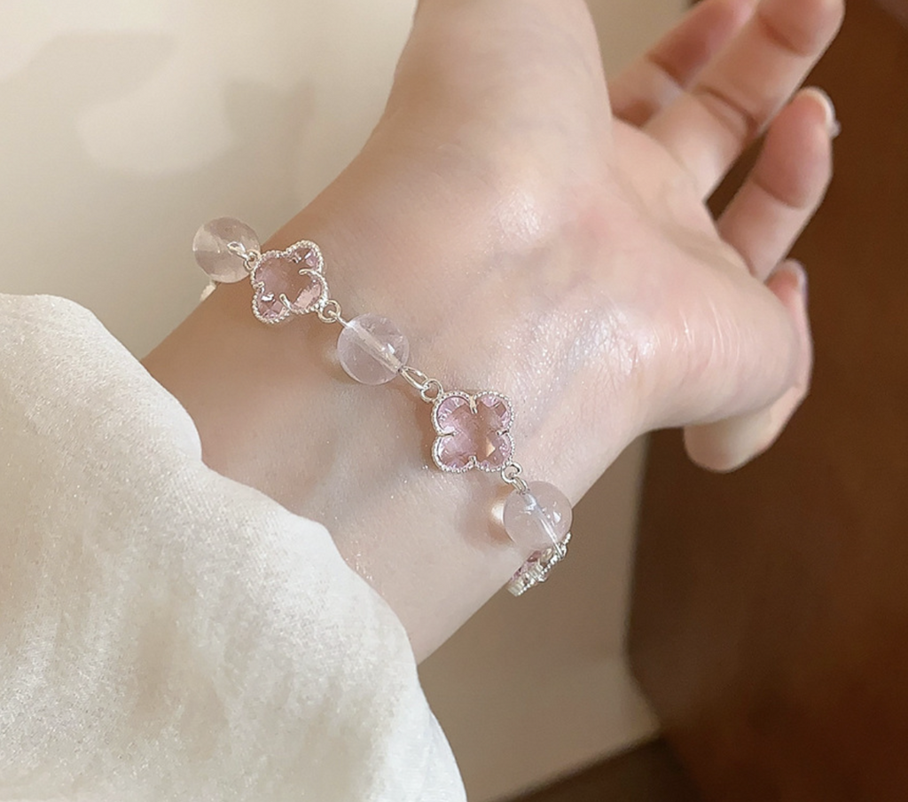 Dainty Crystal Four Leaf Clover Charm Bracelet | Silver-Tone Lucky Jewelry
