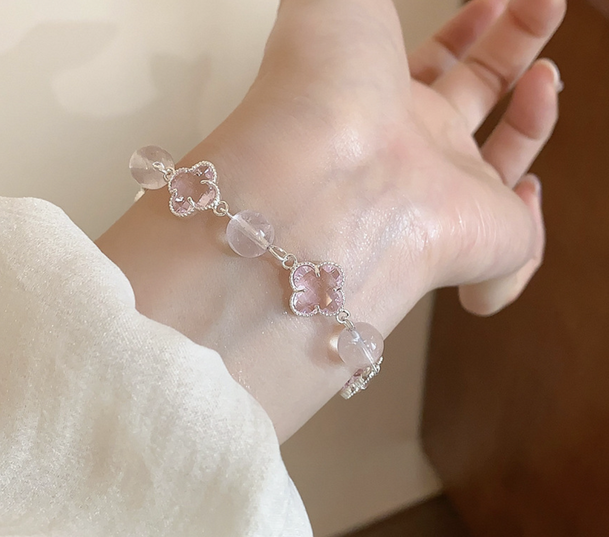 Dainty Crystal Four Leaf Clover Charm Bracelet | Silver-Tone Lucky Jewelry