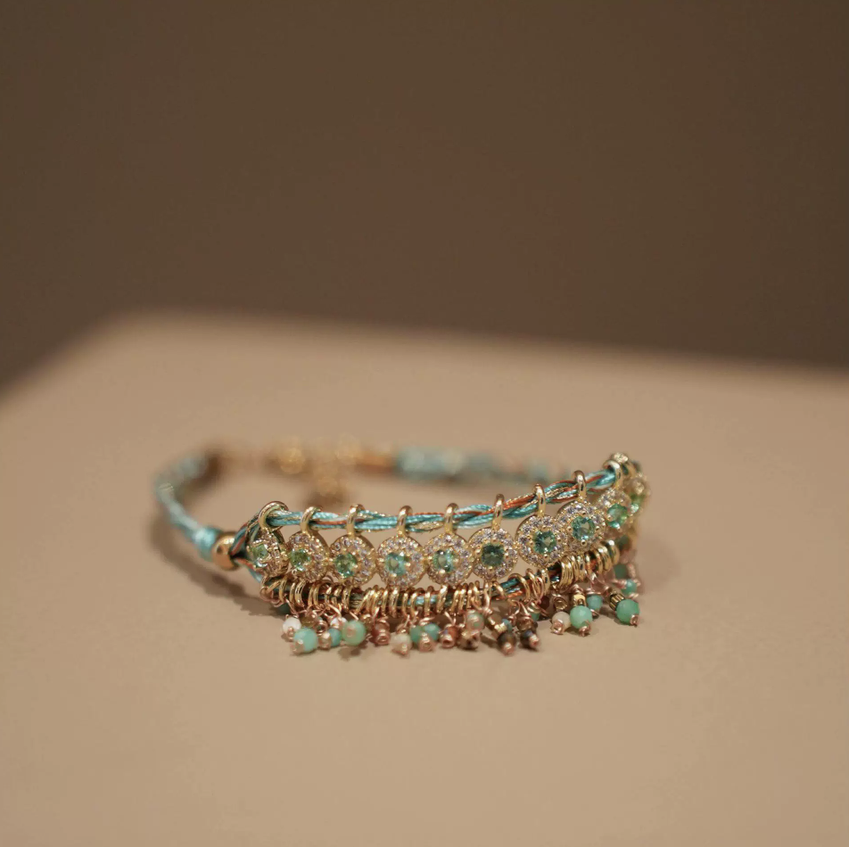 Vintage Bohemian Green Crystal Tassel Bracelet | Hand-Woven Ethnic Cord Jewelry