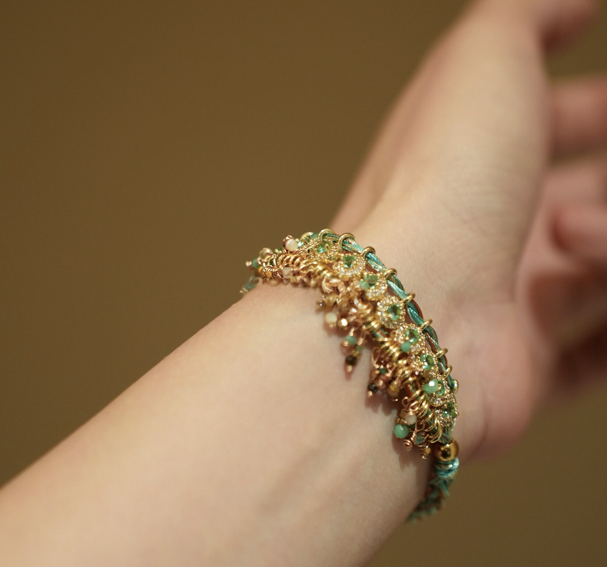 Vintage Bohemian Green Crystal Tassel Bracelet | Hand-Woven Ethnic Cord Jewelry