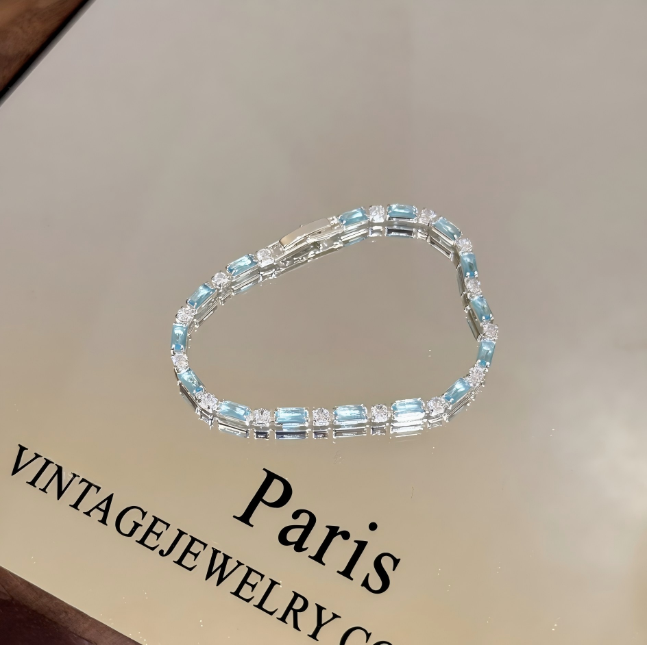 Square Ocean Blue Glass & Sparkling Rhinestone Bracelet | Dainty Silver-Tone Jewelry