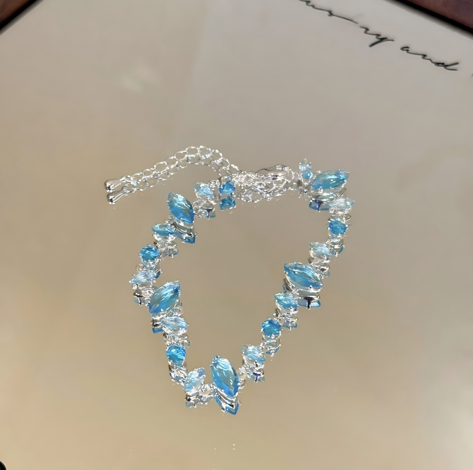 Dainty Ocean Blue CZ & Rhinestone Bracelet | Sparkling Silver-Tone Layering Chain