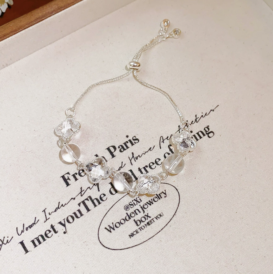 Dainty Crystal Four Leaf Clover Charm Bracelet | Silver-Tone Lucky Jewelry