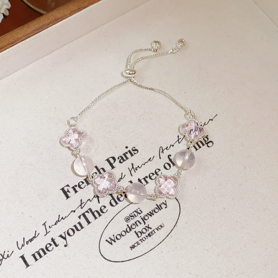 Dainty Crystal Four Leaf Clover Charm Bracelet | Silver-Tone Lucky Jewelry