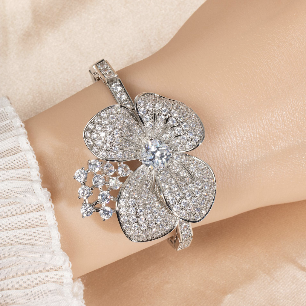 Ultra-Sparkling Pavé Flower Bracelet | Dainty Rhinestone Silver-Tone Jewelry