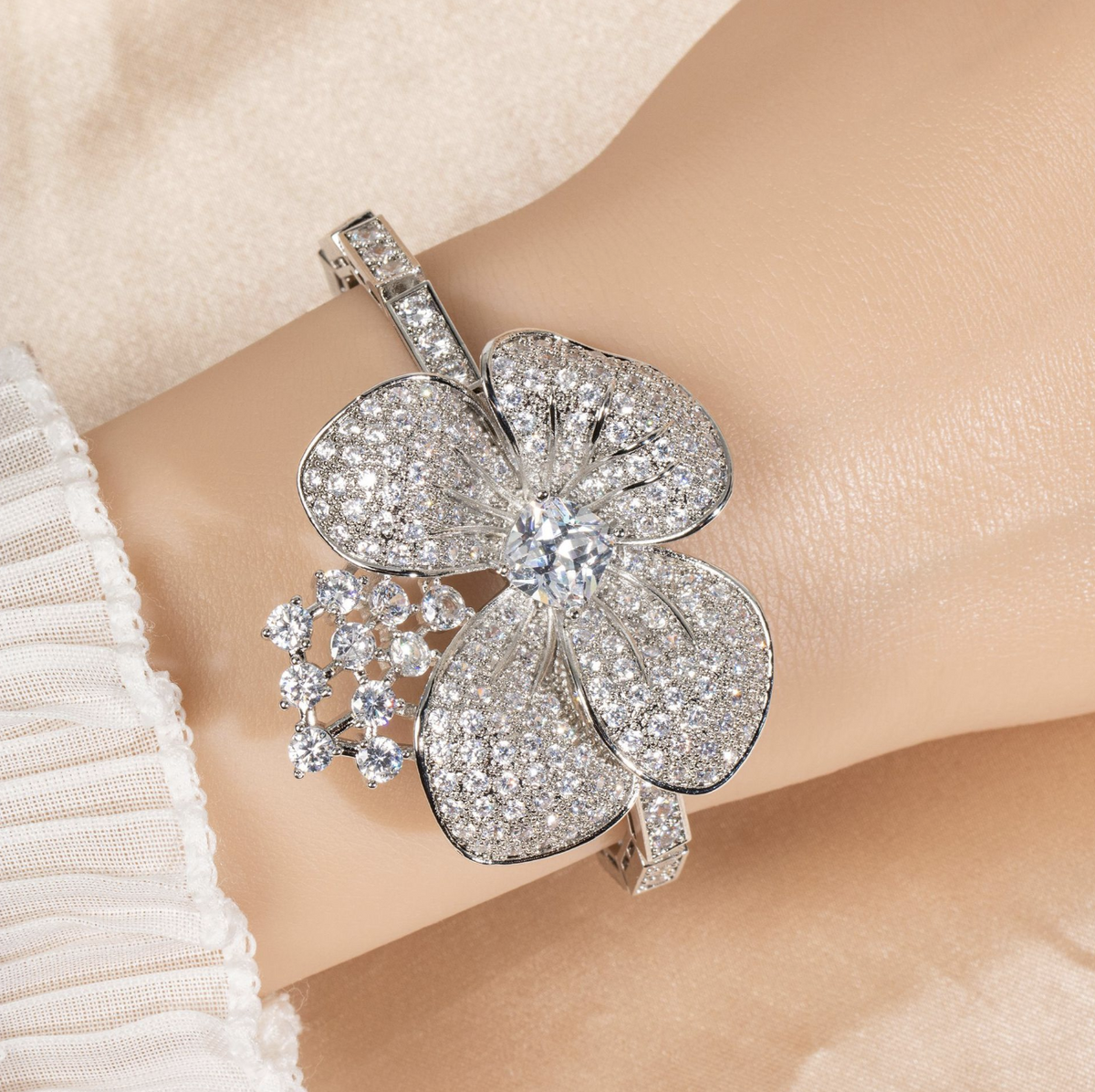 Ultra-Sparkling Pavé Flower Bracelet | Dainty Rhinestone Silver-Tone Jewelry