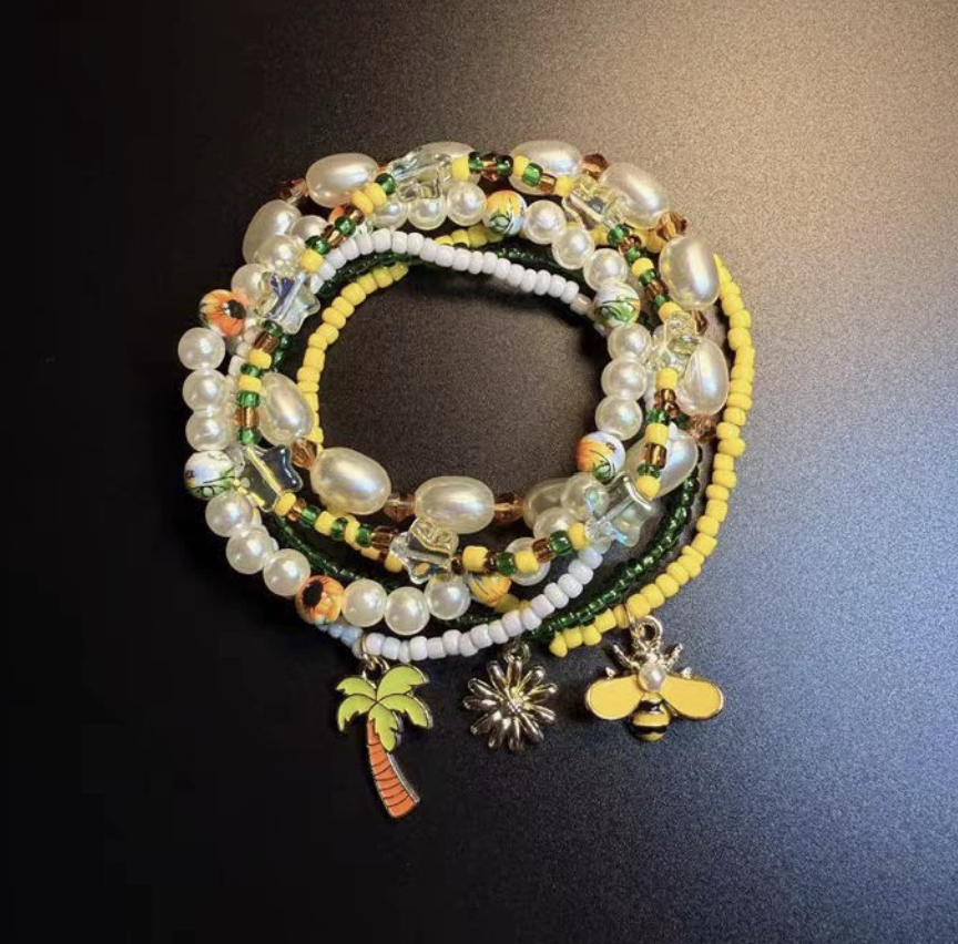Tropical Palm & Bee Charm Beaded Bracelet Set | Boho Summer Beach Stack