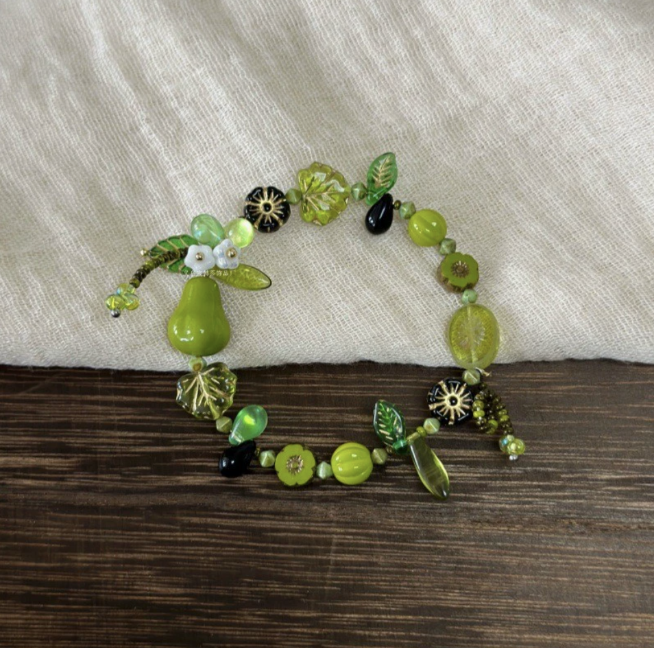Green Pear Botanical Charm Beaded Bracelet