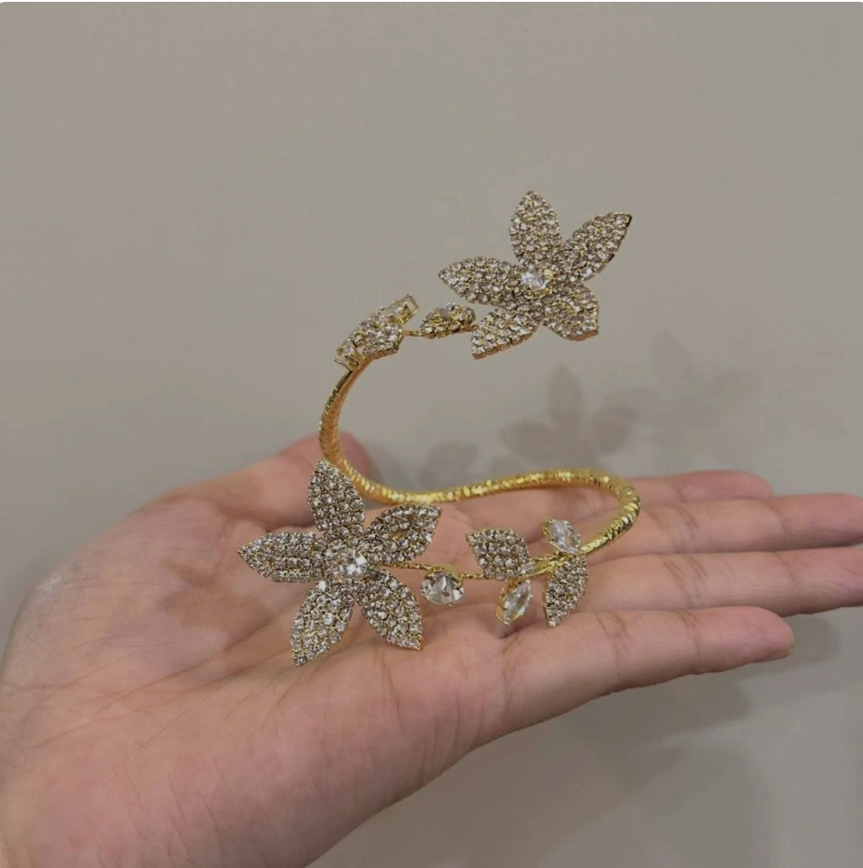 Vintage Floral Rhinestone Open Cuff Bracelet
