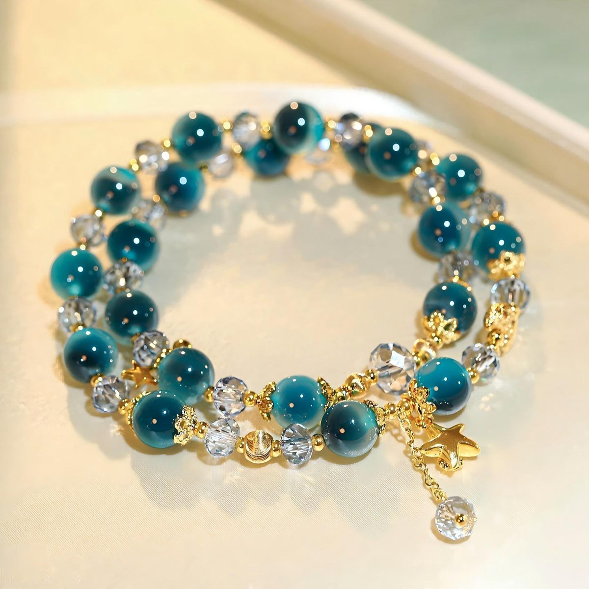 Blue Glaze Star and Moon Bracelet | Dainty Charm Jewelry